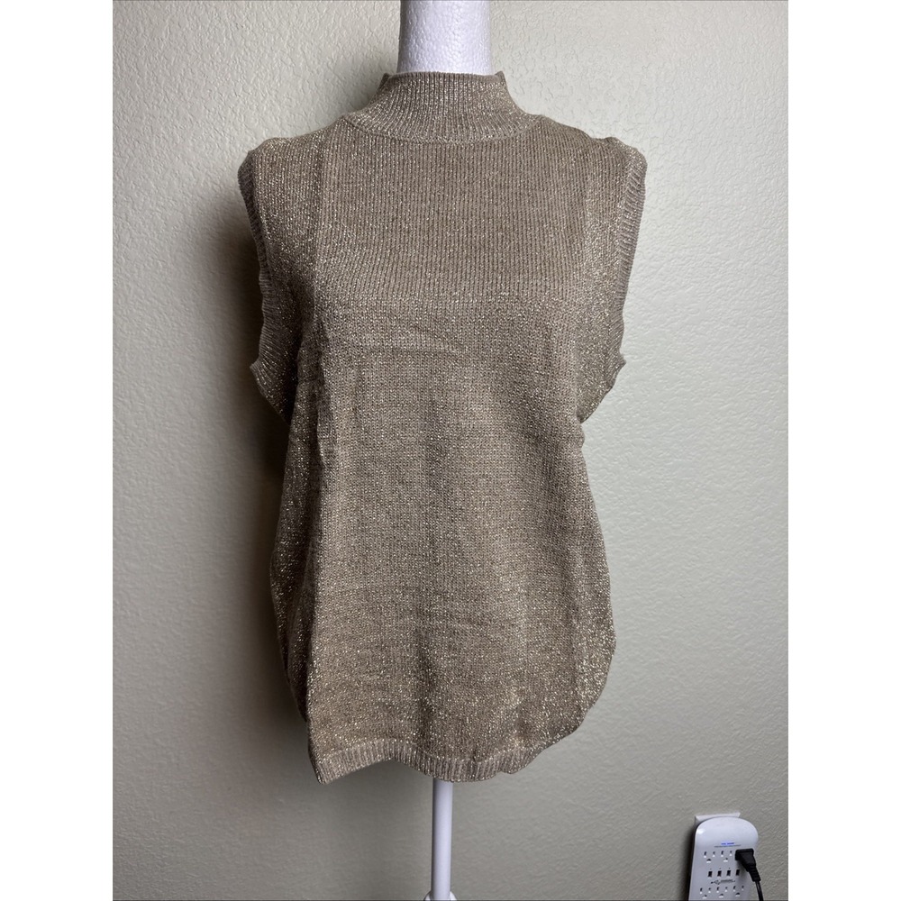 Shenanigans Vintage Women M Gold Metallic Sweater Vest Sparkly Mock Neck Ribbed
